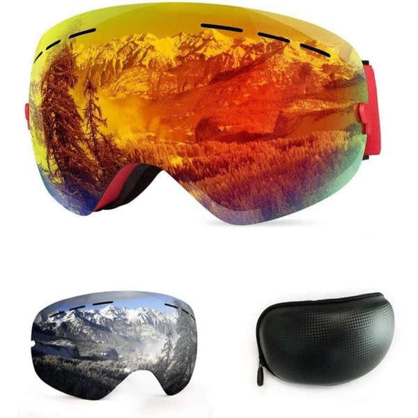 OTG Skibriller, Skimaske Anti-dug og vindtætte beskyttelsesbriller til mænd, kvinder og unge, UV 400 beskyttelse, aftagelige sfæriske briller rød