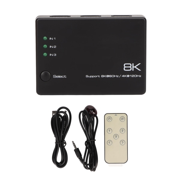 8K HD Switcher 3 In 1 Out 40Gbps Snabb Stabil Fjärrkontroll Plug and Play HD Multimedia Switcher för TV Projektor PC