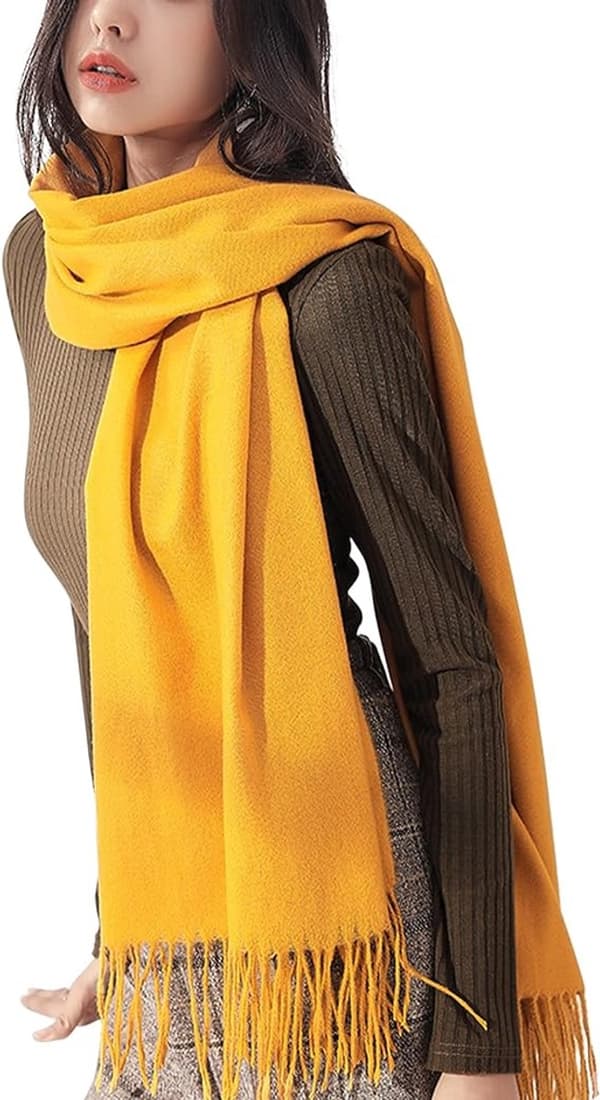 Vintertørklæde til kvinder, blød polyester imiteret kashmir, let varmt frynset sjal til efterår og vinter, sennepsgul, 70 x 200 cm Yellow