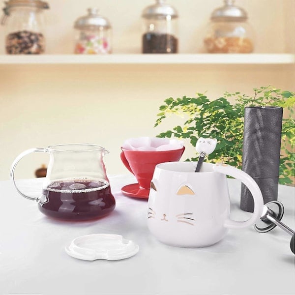 Hvit kattkrus, søt katt keramikk kaffekrus med rustfritt stål skje white（PA）