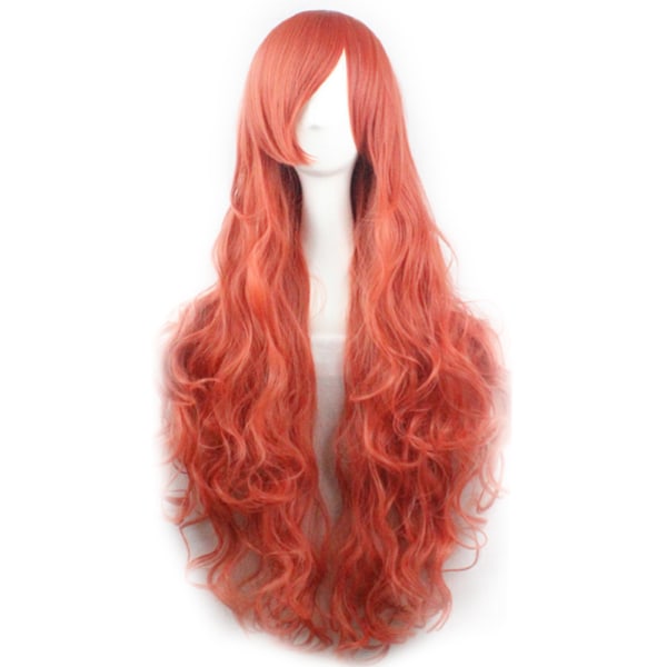 80 cm mote kvinner Anime lang krøllete bølget syntetisk hår Cosplay parykk (oransje rød)
