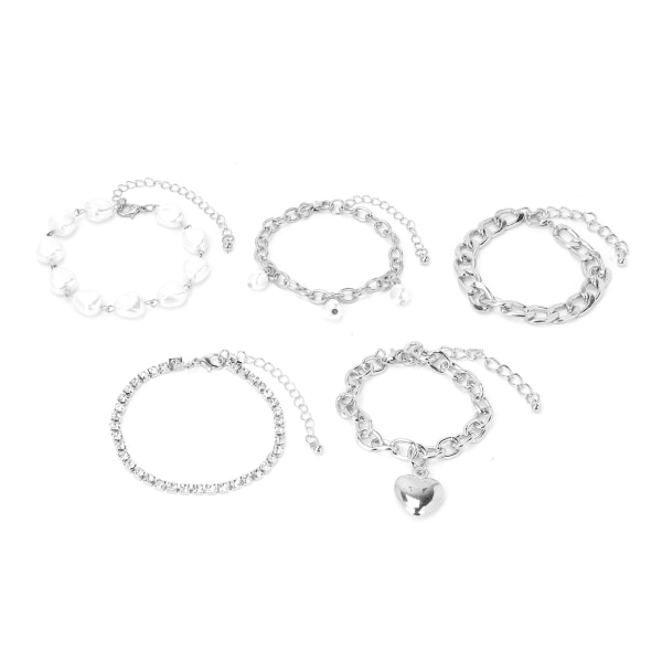 5 stk Elegant armbåndsett imiterte perler Hjertelegering Justerbart Fasjonabelt Hip Hop-armbånd Sølv