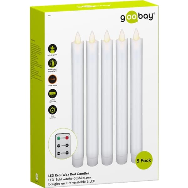 5-pack LED-stavljus av äkta vax, vit, inkl. fjärrkontroll