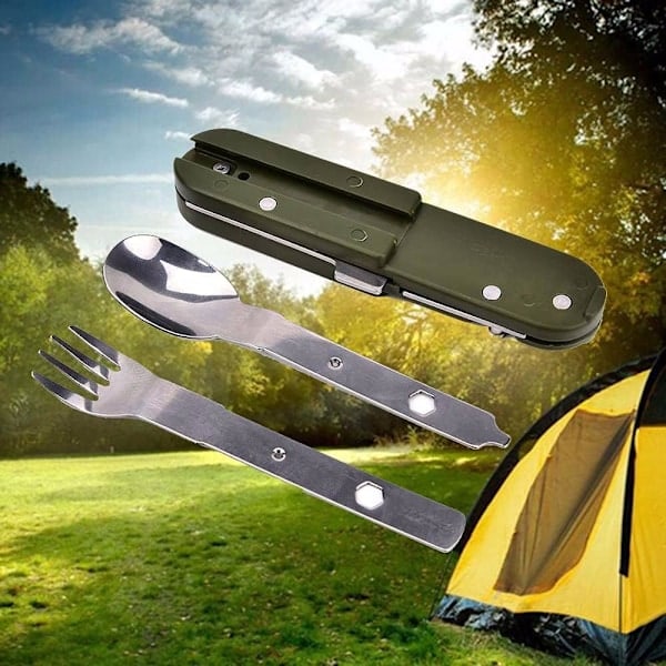 Spork, foldbar bærbar armygrøn picnicbestik i rustfrit stål - gaffel, ske, rejsesæt, camping, udendørs
