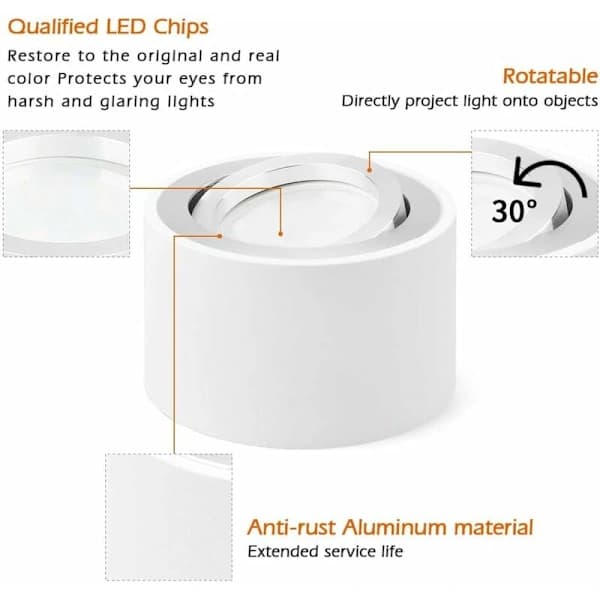 Justerbar rund LED-spotlight for takmontering, 80x50mm, Hvit