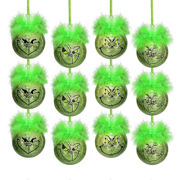 12 st Grinch-prydnader Söta Grinch-hängande prydnadskulor med fluffigt grönt hår glitter trädbollar för semesterdekoration