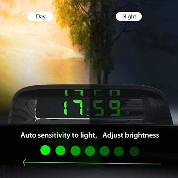 Bilure med natdisplay, termometer, automatisk intern påklæbning, digitalt ur, solcelledrevet 24-timer, sort