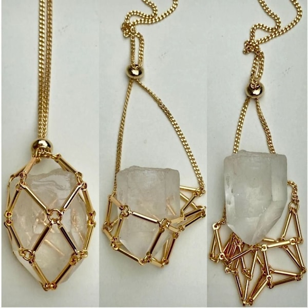 Kristallhållare Bur Halsband Kristallnät Metall Halsband GULD Guld Gold Rose Quartz-Rose Quartz