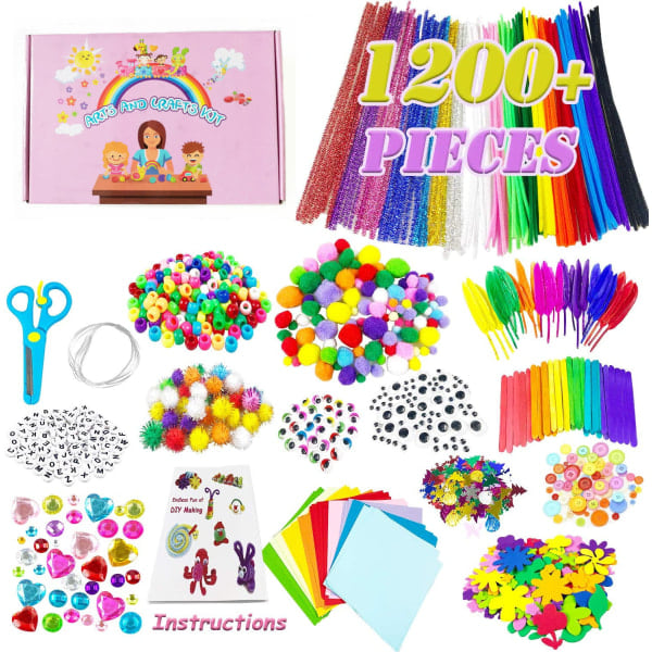 Barnhantverkssats, 1200+ bitar Barnfiltpyssling, Kreativt gör-det-själv-hantverk, Kreativt pysselsats för barn med färgade pomponer, piprensare, ispinnar, fjädrar