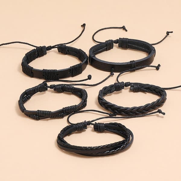 5-pack Handgjorda Läderarmband Herrarmband Svart—pa