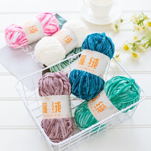 Chenille-sammetgarn Chunky stickade kardade trådar BLÅ blue