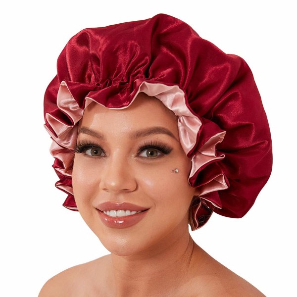Silk Bonnet för naturligt hår Bonnets för svarta kvinnor, satin Wine Red