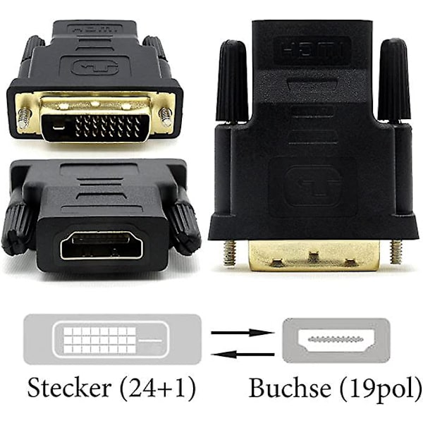 2 kpl HDMI - DVI-sovittimet, DVI-D uros - HDMI naaras sovittimet, HDTV-muunninsovittimet Full HD kullatut liittimet