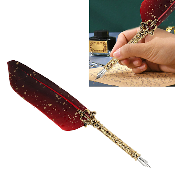 Fjerpen Sæt Udsøgt Retro Glat Skrivning Fjerpen Kalligrafi Pen Kit med Flere Udskiftelige Nib Rød