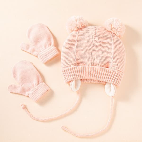 2 st/set Barn Elastisk Mössa Tjock Varm Baby Mössor Pompom Stickad Mössa Öronskydd Vantar Vinter