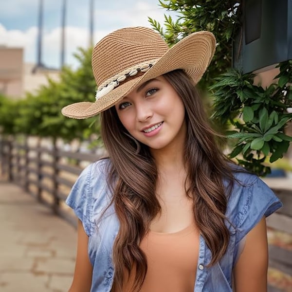 Sommarhatt i halm för kvinnor, Cowboy Cowgirl-hatt, solhatt med bred brätte, strandhatt i halm med skalband, khaki