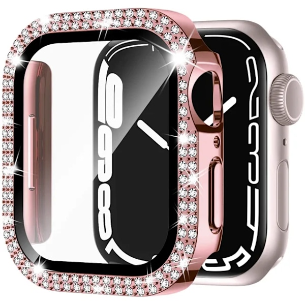 Bling Glass+ cover för Apple Watch Case 45mm 41mm 40mm 44mm 42mm 38mm Diamant stötfångare+skärmskydd iwatch series 7 9 8 5 6 SE C rose pink C rose pink 40mm Series 654 SE