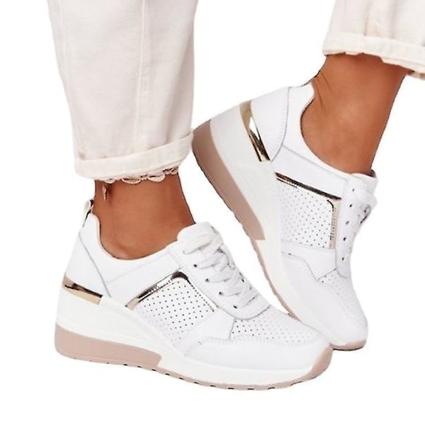Vulkaniserede gummispidsede kilehælssko sport sneakers dame komfortable fritidssko hvid størrelse 43