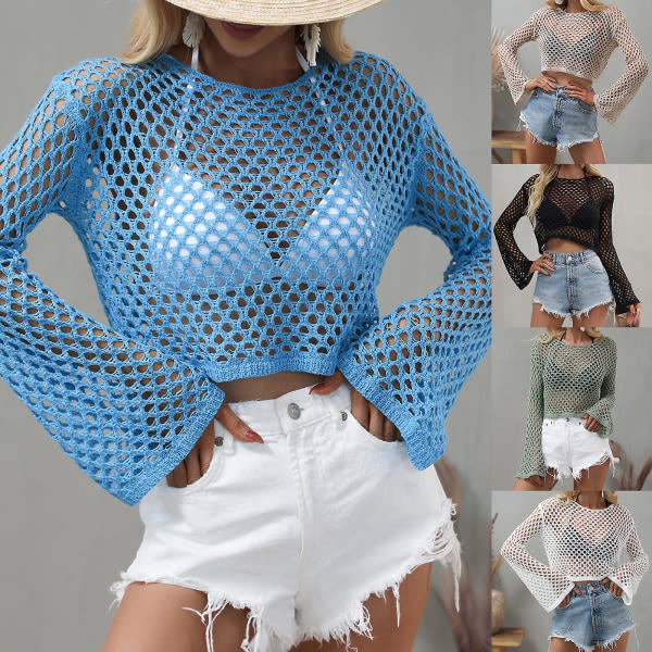 Kvinnor Långärmad Mesh Crop Top Rundhals Enfärgad Ihålig Fishnet T-paita Virkad Lös Bikini Cover Up Khaki XL