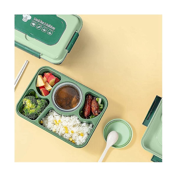 Lunchlåda 1600ml 5 Fack Bentolåda Vuxen Med Inbyggd Återanvändbar Sked Ätpinnar Resa (Grön)