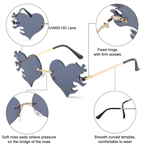 Kvinners Hjerte Solbriller Rammeløse Solbriller UV400 Beskyttelse black gray