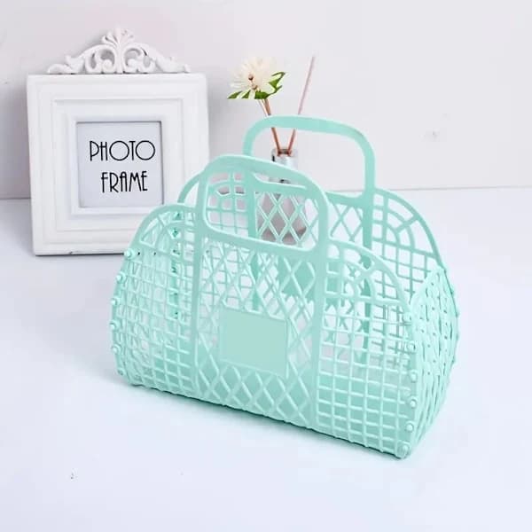 Portable Plastic Storage Basket Beach Bag, Simple Travel Storage Tote Pink