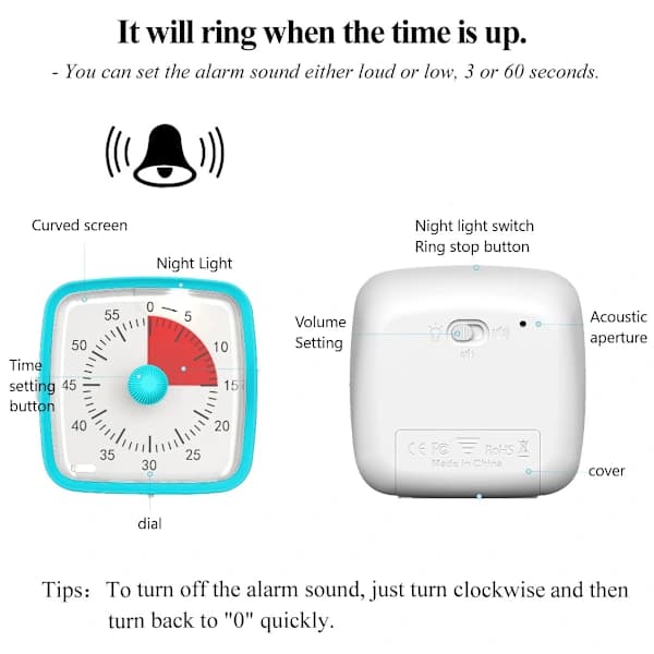 7,8 cm stille visuell timer for barn 60 minutter
