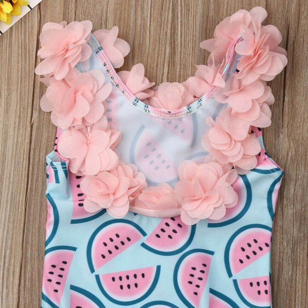 Badetøj til børn Vandmelonprint med 3D-blomsterdekoration i ét stykke pigebadedragt til Beach Pink og Blue 120 cm/47.2in