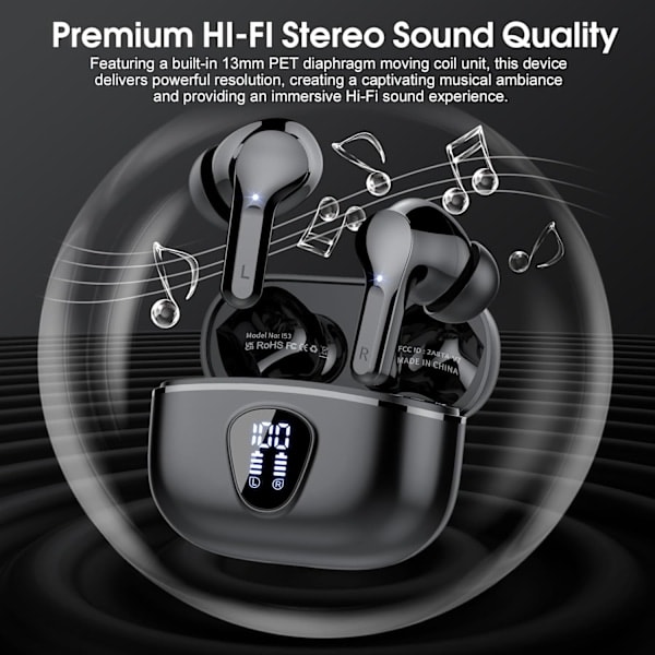 Paris_Langattomat Kuulokkeet, Bluetooth 5.3 Kuulokkeet, Bluetooth-nappikuulokkeet 40 tunnin toistoajalla, Stereo Bass In-Ear Langattomat Kuulokkeet, LED-näyttö