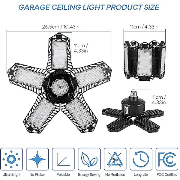 LED Garage Lys 120W 10000LM E27 6500K Justerbar 5 Paneler Deformerbar