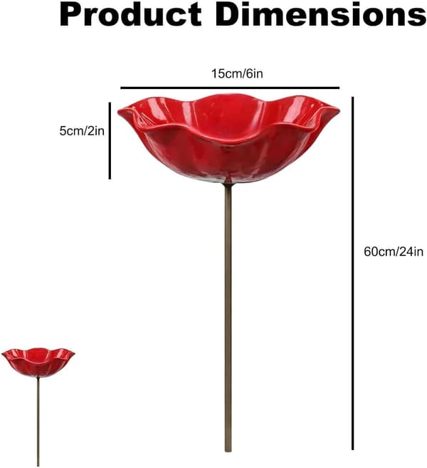 Fuglebad i metal med blomsterdesign, håndlavet rustbestandigt fuglefoderbræt til have, terrasse, udendørs, rød