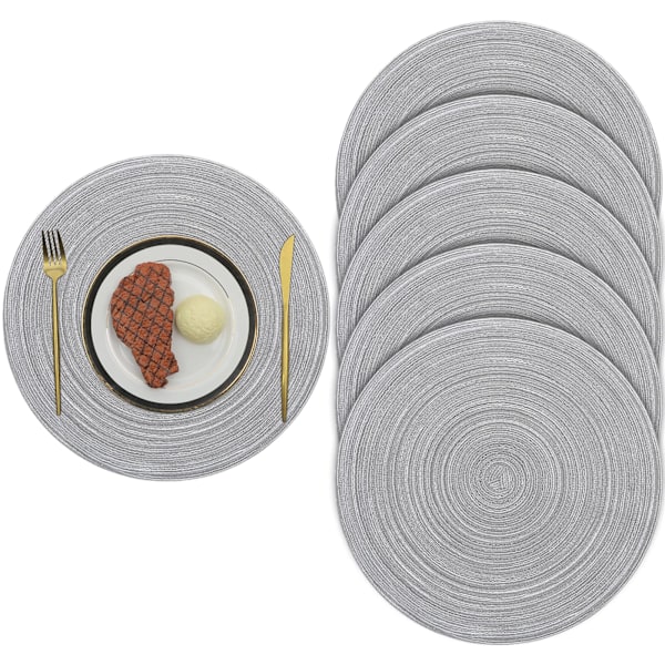 38cm/15inch Woven Round 6 Pieces Placemats  non slip,Silver