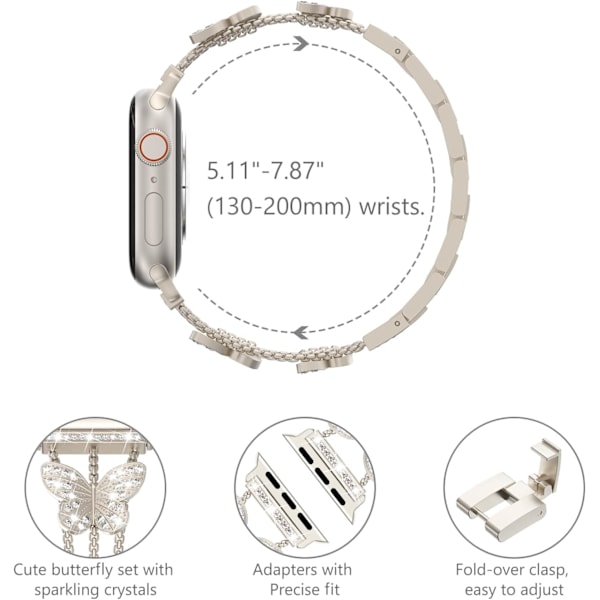 Armbånd kompatibelt med Apple Watch for kvinner, glitrende sommerfugldesign, moteriktig metallbling, rustfritt stål, erstatningsarmbånd Starlight Starlight 42/44/45mm