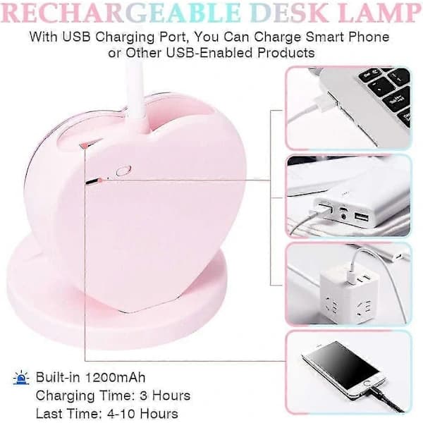 Dimbar LED-skrivebordslampe for barn med USB-lading og pennholder, rosa