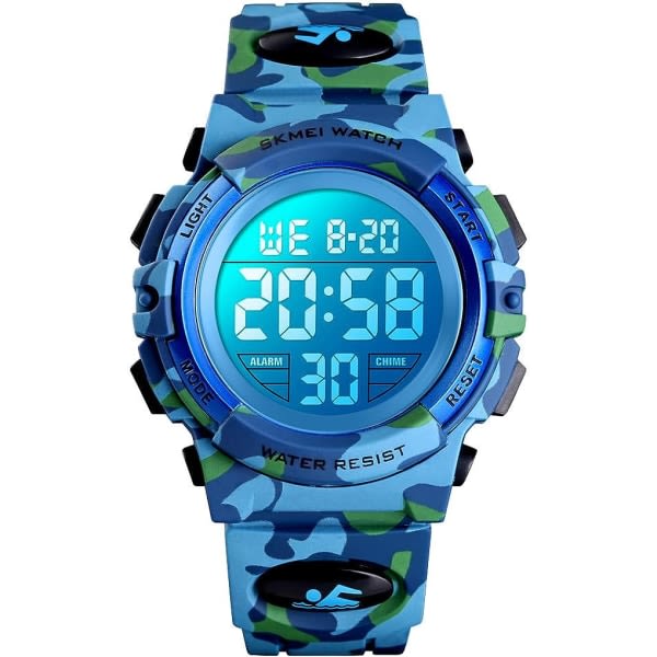 Barns watch sport vattentät elektronisk watch väckarklocka stopur (ljusblått kamouflage)
