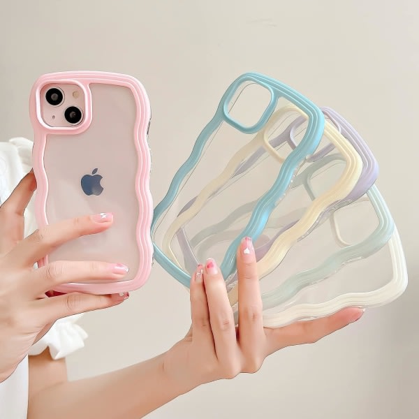 Kompatibel med iPhone 15 Plus-deksel, Transparent Söt Curly Simple Wave- etui Estetisk design Bumper for girler Kvinnor Mjukt TPU-deksel - Rosa