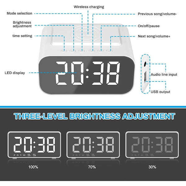 Klokkeradio med Bluetooth-højttaler, trådløs opladningsvækkeur