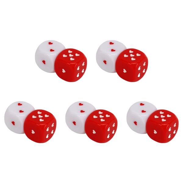 5 par røde hvite hjerteterninger Plastsikker flere spillemetode Bærbart Fasjonabelt spillterningsett