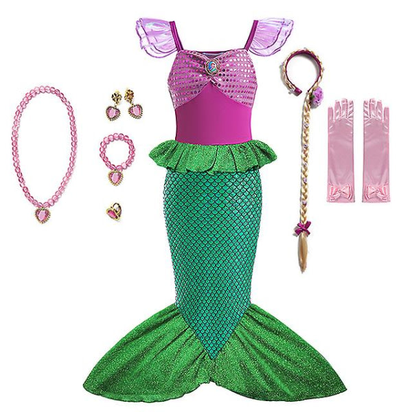 Disney Little Mermaid Ariel Prinsessadräkt Barnklänning For flickor Barn Karneval Födelsedagsfest Kläder 5T(str. 120) 9stk Mermaid Set1