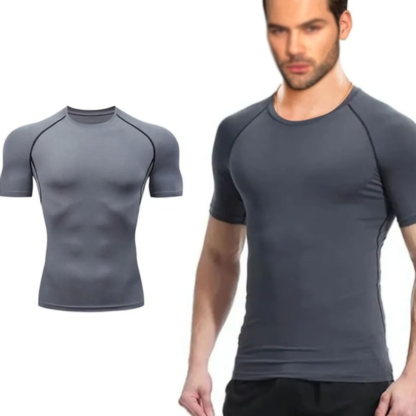 Cool Dry kortärmade kompressionsskjortor för män Sport T-shirts Toppar Atletisk träningströja Grå L