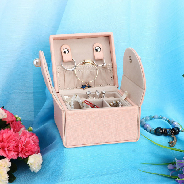 Enkel PU läder smycken förvaringsbox case Bärbara örhängen Ringar Organizer Present Rosa