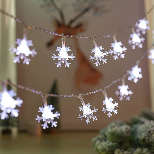 Juldekorasjoner, 19,6 Ft 40 Led Snowflake String Lights Batteridrevet innendørs julebelysning, vanntett utendørsbelysning for Xmas Garden Patio