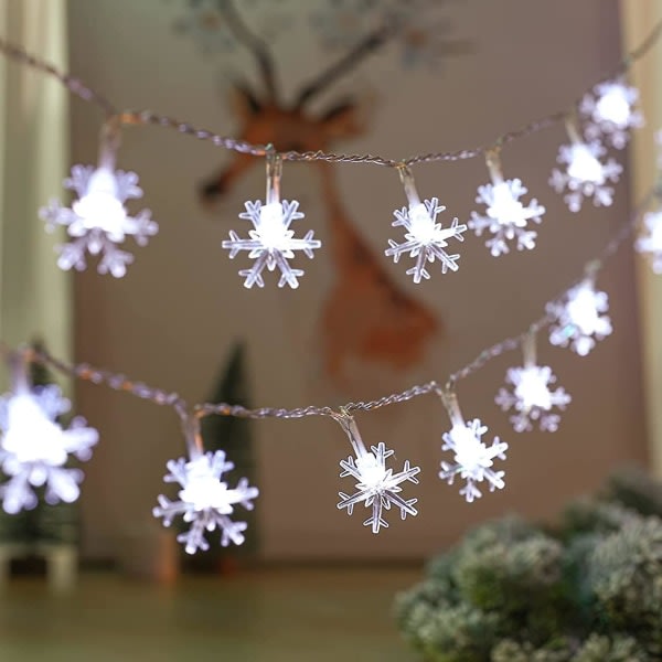 Juldekorationer, 19,6 Ft 40 Led Snowflake String Lights Batteridrevet innenhusjulbelysning, vanntät utendørsbelysning for Xmas Garden Patio