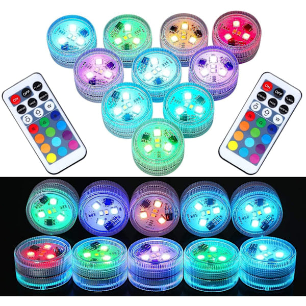 10-pack Mini LED-dyklampor, Mini LED-akvarielampor, Vattentäta undervattenslampor RGB Flerfärgade LED-lampor med 2 fjärrkontroller