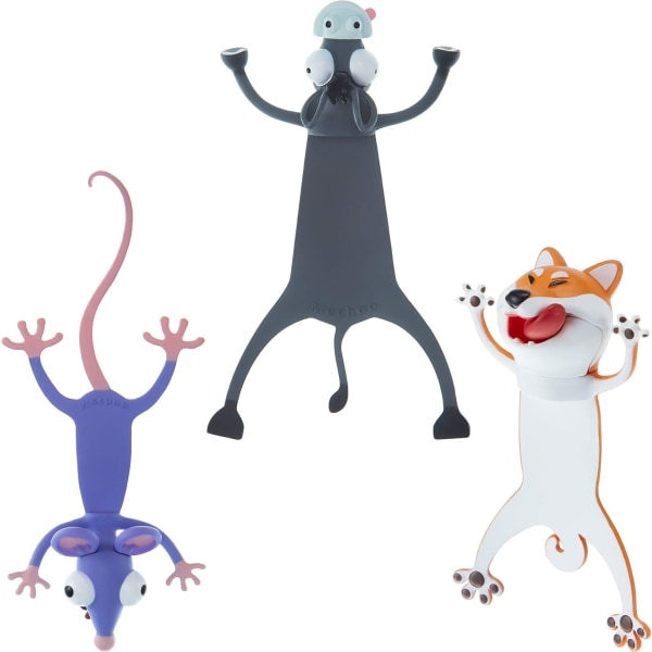 3 stycken 3D tecknade djurbokmärken Wacky Palz bokmärke PVC djurbokmärke 3 söta squishy djurpapper för barn S