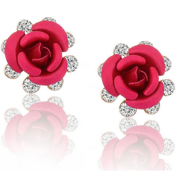 Dejlig legering Delikat Kvinder Diamante Flower Stud Øreringe Smykker Tilbehør (Rose Red)