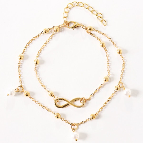 Fashion Pearl Ankelkæde Håndlavet Beaded Dobbelt Kæde til Fod Ornamenter (Guld)