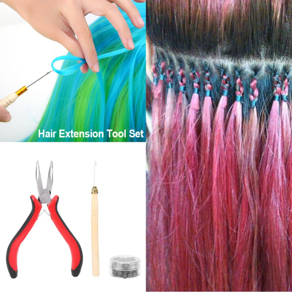 Værktøjssæt til hårforlængelse Tænger + trækkrog + 100 stk Micro hårforlængelsesperler Hårskønhed