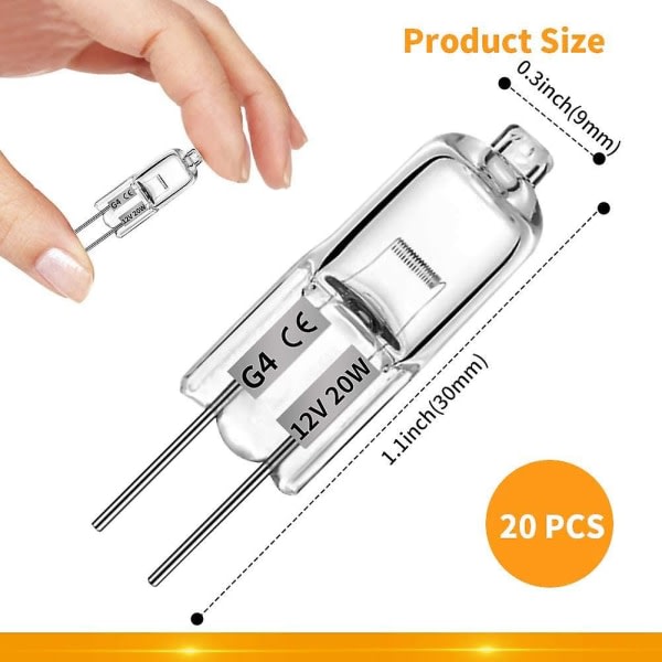 20 stk G4 halogenpærer, 20w 12v halogenpærer 2-pin klar pære, til komfyrbelysning, signa