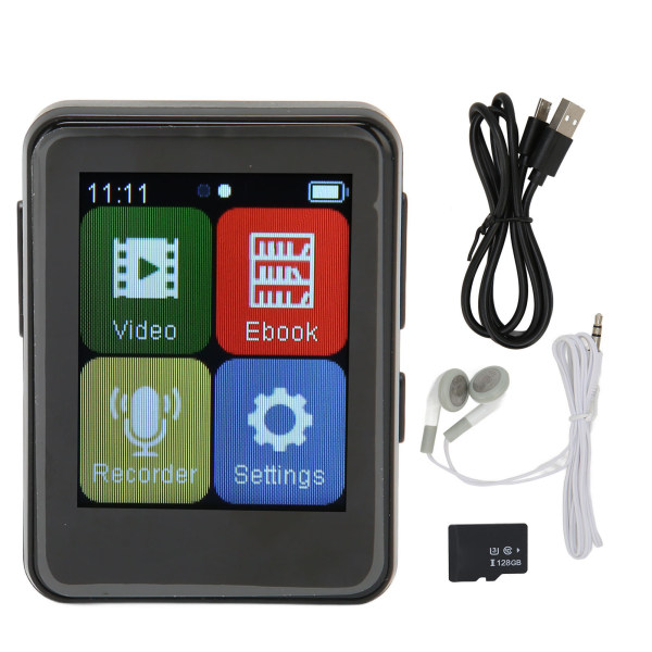 MP3-spelare Bluetooth 5.0 Intelligent HD-brusreducering FM-radio Elbok 1,8 tum Full Touchscreen MP3-spelare Svart 128GB minneskort
